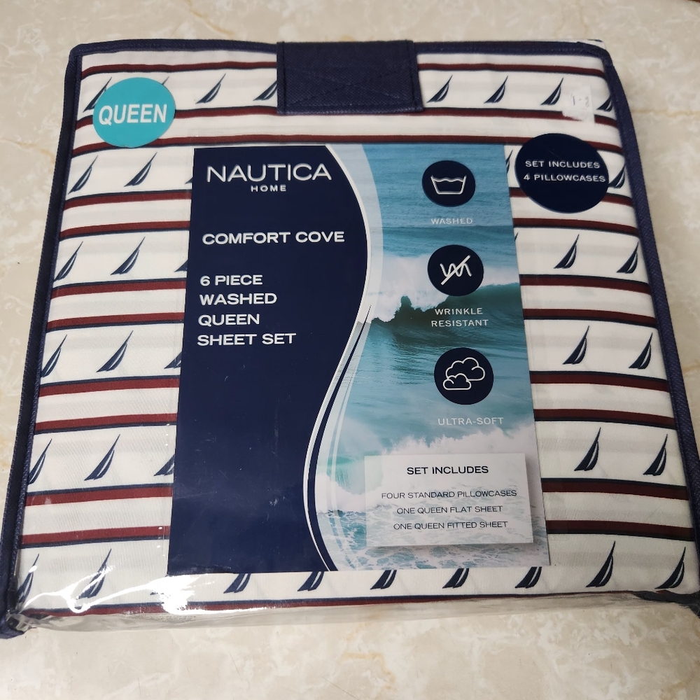 Nautica Home Comfort Cove Microfiber 6pc Queen Sheet Set New Red White Blue